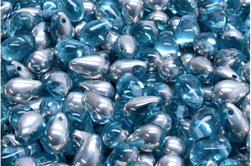 Teardrop beads, Transparent Aqua Crystal Silver Half Coating (60000-27001), Glass, Czech Republic