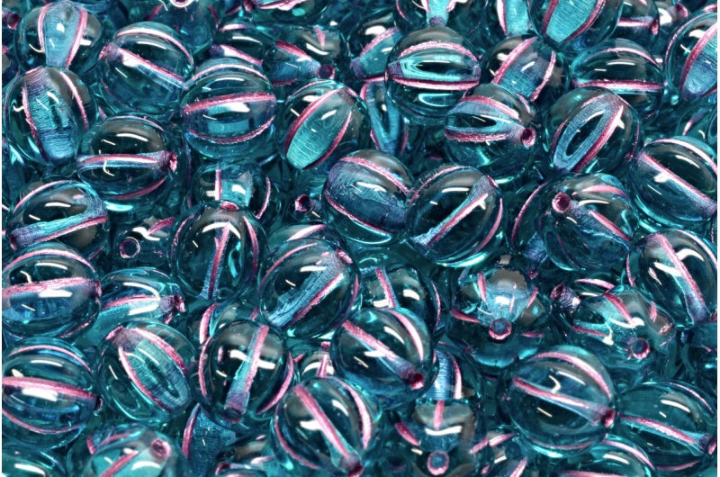 Melon Beads Transparent Aqua Pink Lined (60220-54321), Glass, Czech Republic