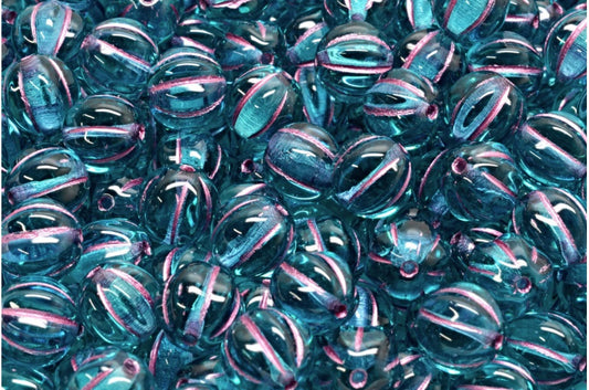 Melon Beads Transparent Aqua Pink Lined (60220-54321), Glass, Czech Republic