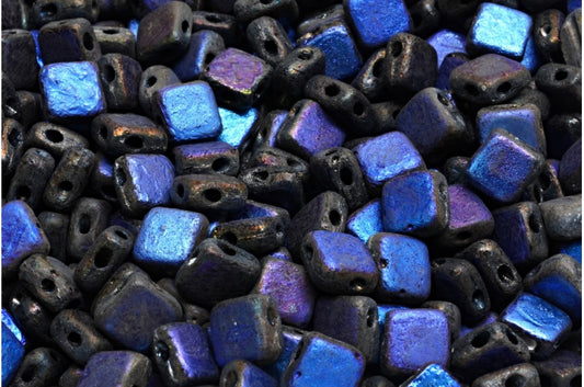 2 Loch flache seidige quadratische Perlen, schwarz geätzt 22203 (23980-ETCH-22203), Glas, Tschechische Republik