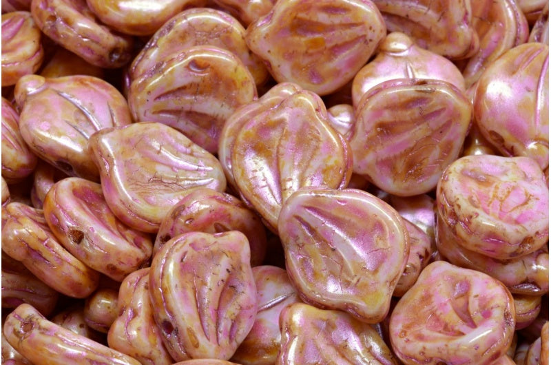 Peony Petal Beads White Pink Beige Luster Spotted (02010-65323), Glass, Czech Republic