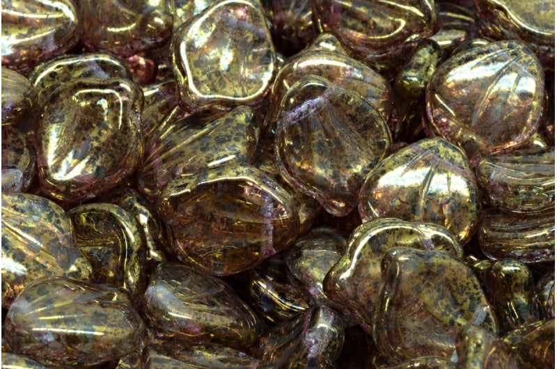 Peony Petal Beads Transparent Green Terracotta Violet (50500-15496), Glass, Czech Republic