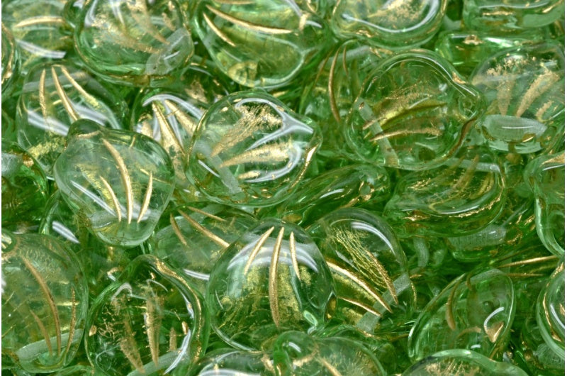 Peony Petal Beads Transparent Green Gold Lined (50500-54302), Glass, Czech Republic