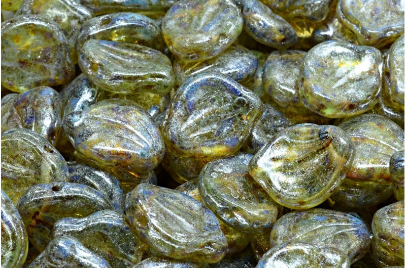 Peony Petal Beads Transparent Green Travertin 34301 (50500-86800-34301), Glass, Czech Republic