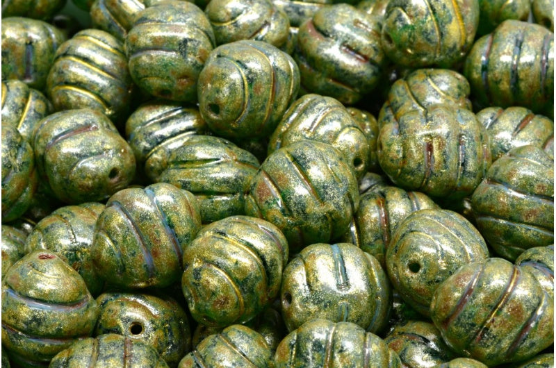 Lined Oval Beads Transparent Green Emerald Travertin 34302 (50710-86800-34302), Glass, Czech Republic