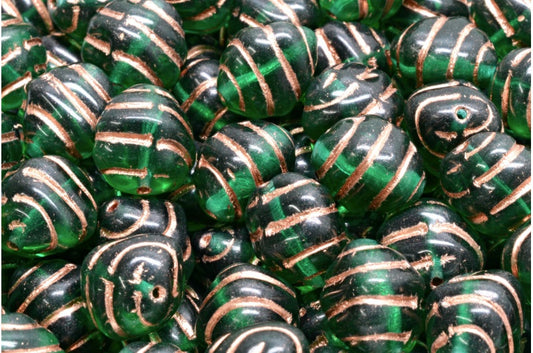 Lined Oval Beads Transparent Green Emerald Copper Lined (50710-54318), Glass, Czech Republic