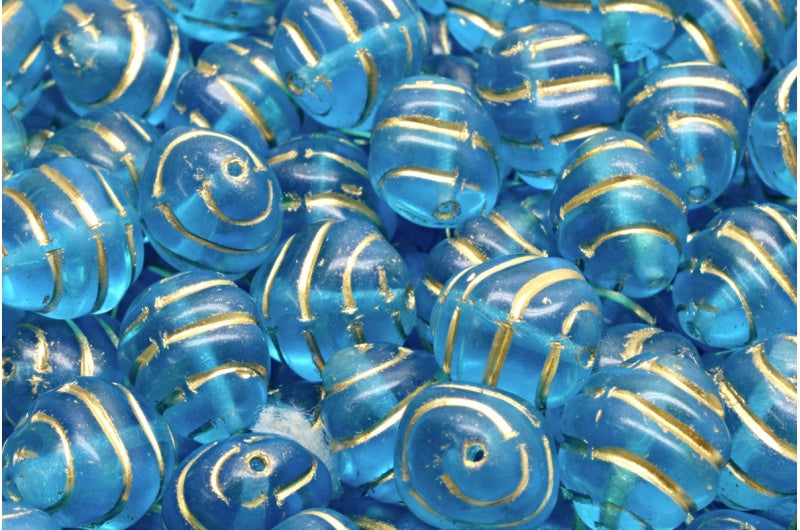 Lined Oval Beads Transparent Aqua Gold Lined (60010-54302), Glass, Czech Republic