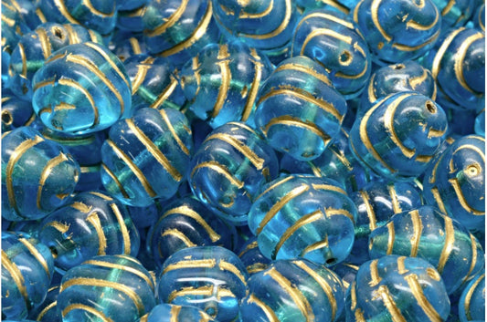Lined Oval Beads Transparent Aqua Gold Lined (60020-54302), Glass, Czech Republic