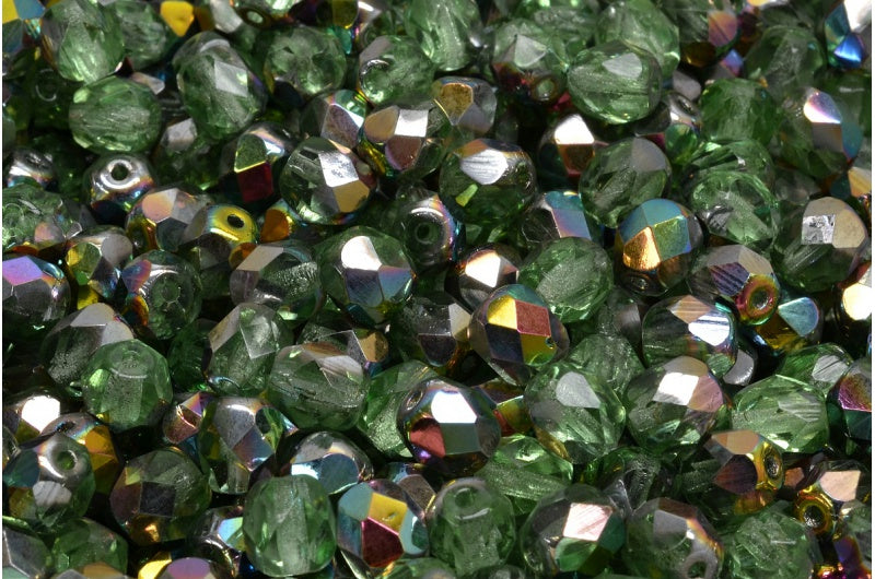 ファセット加工ビーズ ラウンド型 透明グリーンクリスタル Vitrail ミディアムコーティング (50500-28101) ボヘミアクリスタルガラス チェコ共和国