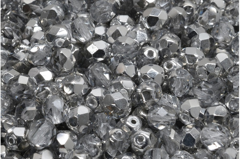 Fire Polish Faceted Round Beads, Crystal Crystal Silver Half Coating (00030-27001), Glass, Czech Republic