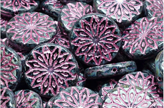 Origami Flower Beads, Black Travertin Pink Lined (23980-86800-54321), Glass, Czech Republic