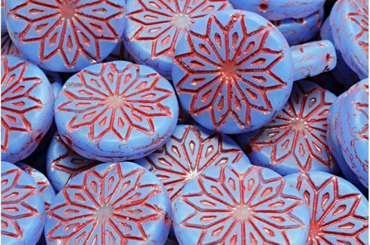 Origami Flower Beads, Opal Blue Matte Red Lined (31000-84100-54310), Glass, Czech Republic