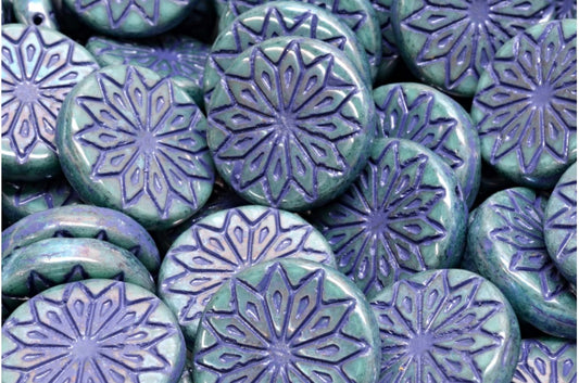 Origami Flower Beads, Turquoise Nebula Blue Lined (63130-15001-54325), Glass, Czech Republic