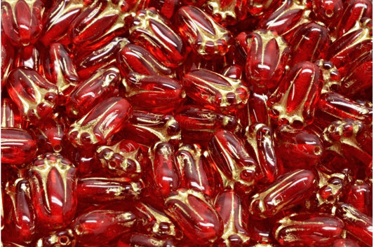 Tulip Bud Beads Ruby Red Gold Lined (90080-54202), Glass, Czech Republic