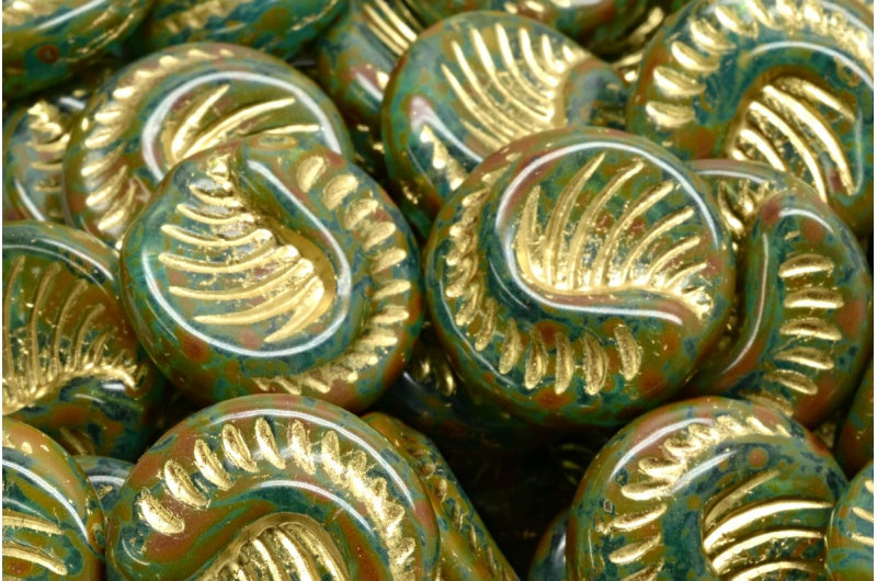 Fossil Coin Beads Transparent Aqua Travertin Gold Lined (60010-86800-54302), Glass, Czech Republic