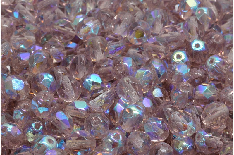 Fire Polished Faceted Beads Round, Transparent Light Amethyst Ab (20020-28701), Bohemia Crystal Glass, Czech Republic