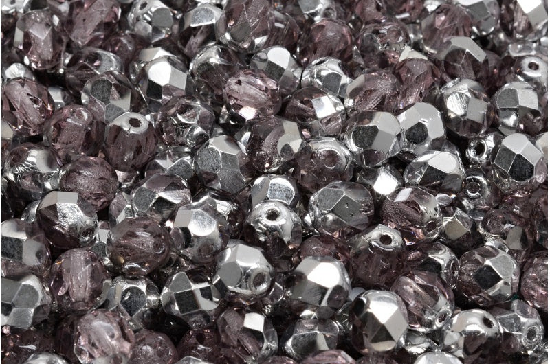 ファセット加工ビーズ ラウンド型 透明ライトアメジストクリスタル シルバーハーフコーティング (20020-27001) ボヘミアクリスタルガラス チェコ共和国