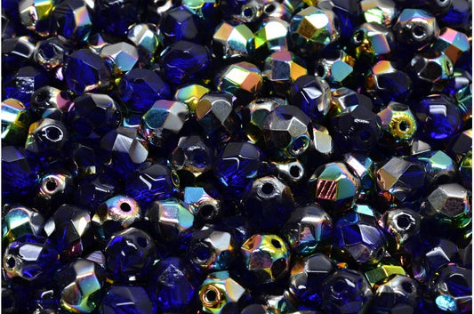 ファセット加工ビーズ ラウンド型 透明ブルークリスタル Vitrail ミディアムコーティング (30090-28101) ボヘミアクリスタルガラス チェコ共和国