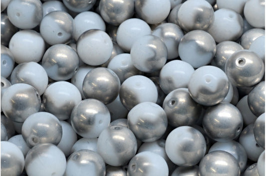 Round Druck Beads White Crystal Silver Half Coating (02010-27001), Glass, Czech Republic