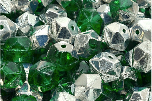 English Cut Beads Transparent Green Emerald Crystal Silver Half Coating (50650-27001), Glass, Czech Republic