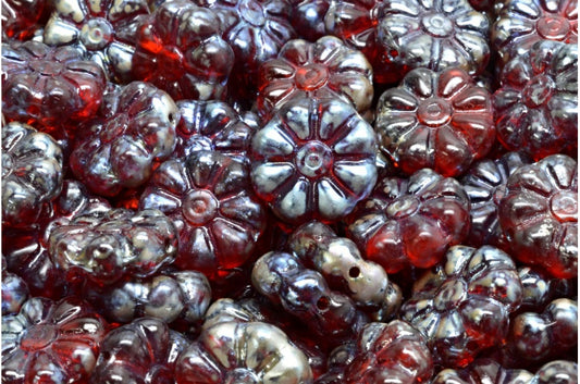 Asterisk Flower Beads Transparent Red Matte Picasso (90050-84100-43400), Glass, Czech Republic