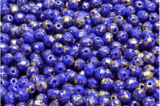 ファセット加工ラウンドビーズ、不透明ブルーゴールドスプラッシュ（33050-94401）、ボヘミアクリスタルガラス、チェコ共和国