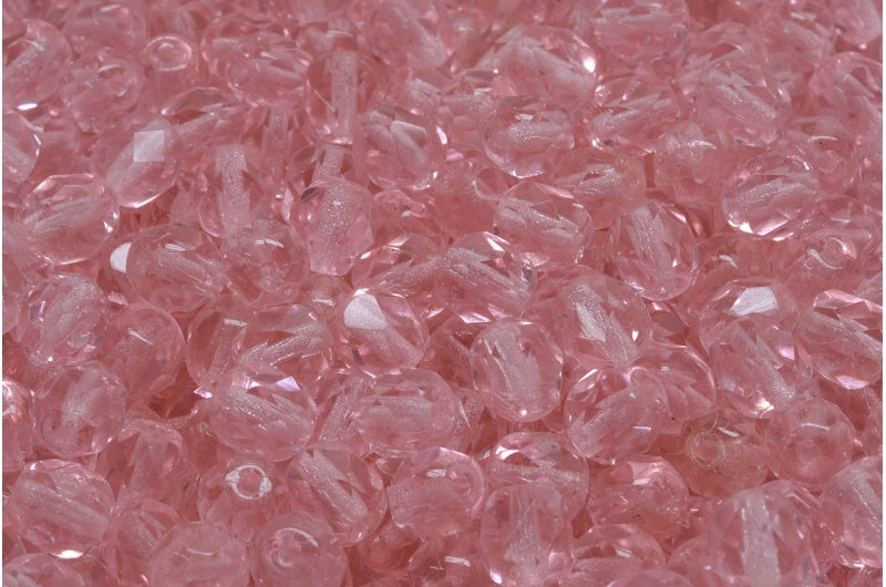 Faceted Fire Polished Round Beads, Transparent Pink (70200), Glass, Czech Republic