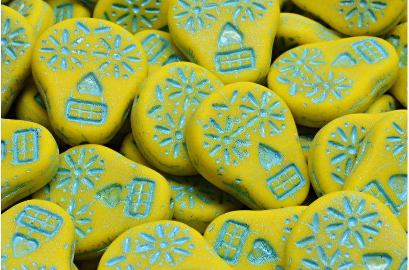 Sugar Skull Beads Yellow Matte Light Blue Lined (83120-84100-54308), Glass, Czech Republic