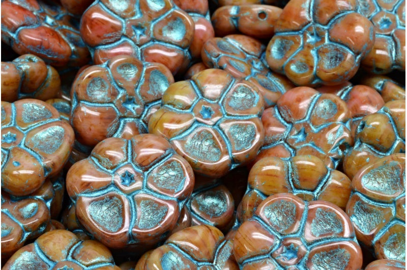 Primrose flower beads White Red Travertin Light Blue Lined (R2932-86800-43811), Glass, Czech Republic