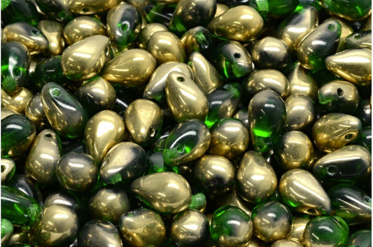 Teardrop beads, Emerald Green Gold (50120-26441), Glass, Czech Republic