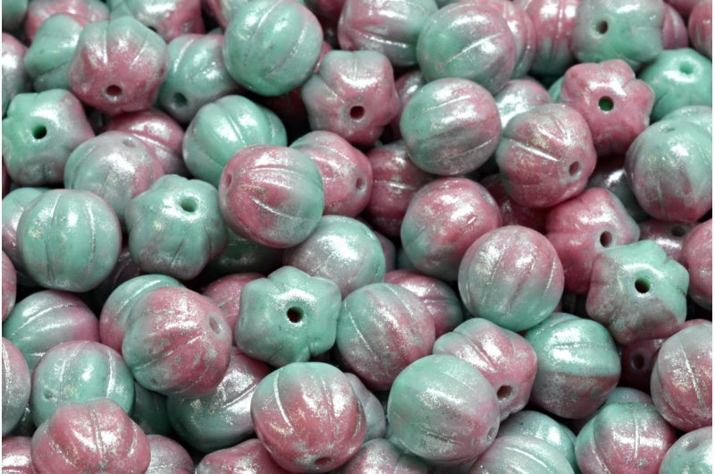 Melon Beads Opaque Pink Opaque Green 34301 (73010-53100-34301), Glass, Czech Republic