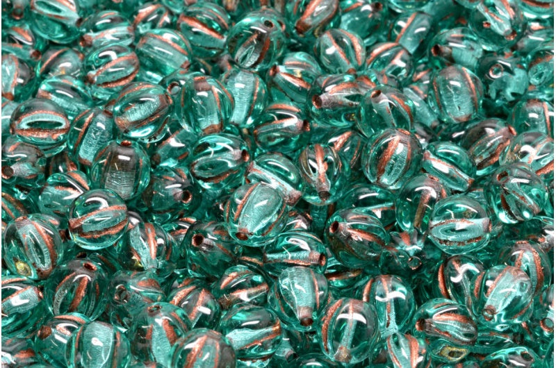 Melon Beads Transparent Aqua Copper Lined (60200-54319), Glass, Czech Republic