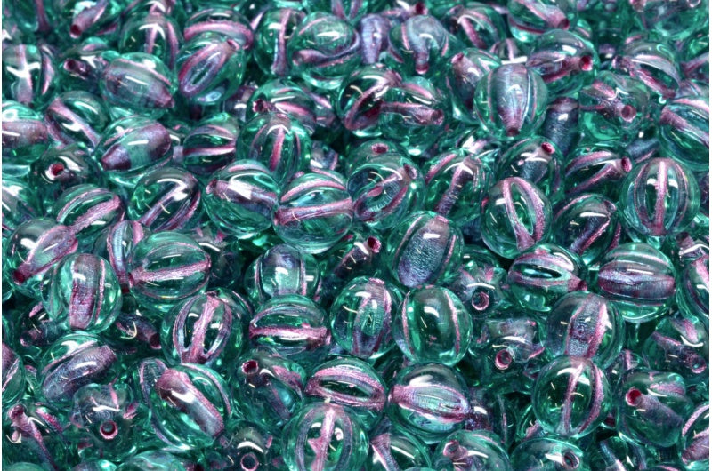 Melon Beads Transparent Aqua Pink Lined (60200-54321), Glass, Czech Republic