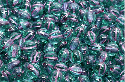 Melon Beads Transparent Aqua Pink Lined (60200-54321), Glass, Czech Republic