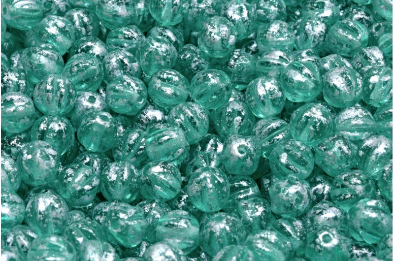 Melon Beads Transparent Aqua Silver Splash (60200-94400), Glass, Czech Republic