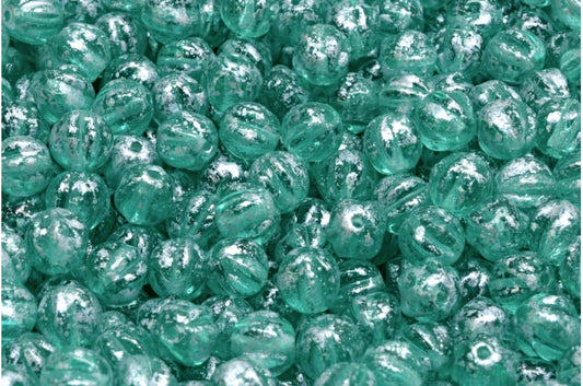 Melon Beads Transparent Aqua Silver Splash (60200-94400), Glass, Czech Republic