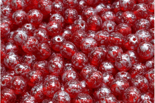 Round Druck Beads Ruby Red Silver Splash (90080-94400), Glass, Czech Republic