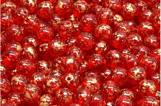 Round Druck Beads Ruby Red Gold Splash (90080-94401), Glass, Czech Republic