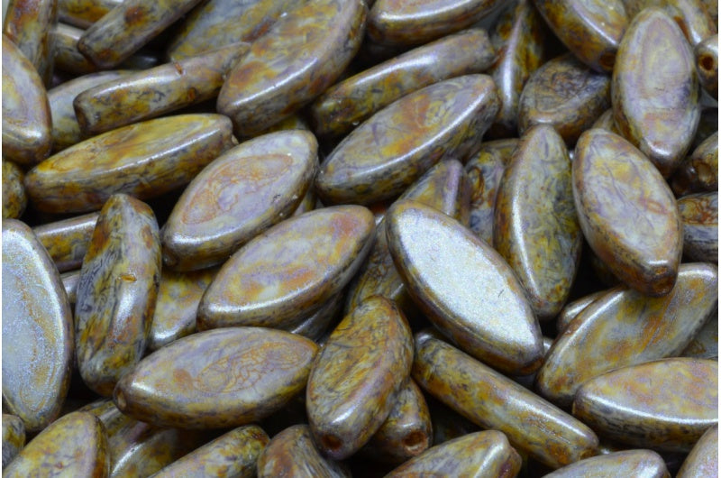 Ship Beads White Purple Brown Luster Spotted (02010-65329), Glass, Czech Republic
