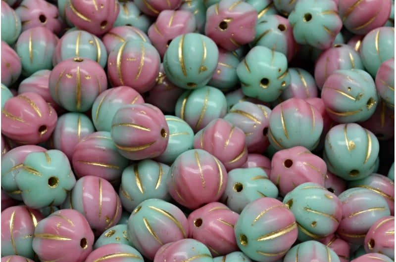 Melon Beads Opaque Pink Opaque Green Gold Lined (73010-53100-54302), Glass, Czech Republic