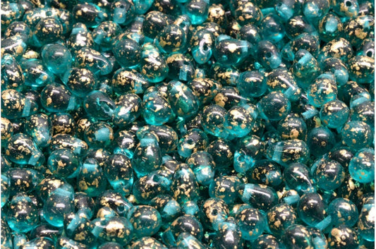 Teardrop beads, Transparent Aqua Gold Splash (60230-94401), Glass, Czech Republic