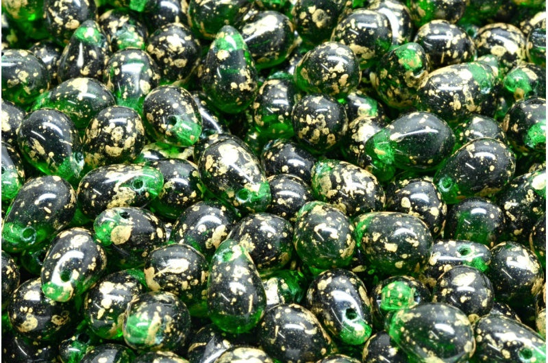 Teardrop beads, Transparent Green Gold Splash (50140-94401), Glass, Czech Republic