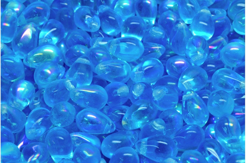 Teardrop beads, Transparent Aqua Ab (60010-28701), Glass, Czech Republic