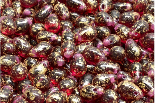 Teardrop beads, Transparent Red Gold Splash (70350-94401), Glass, Czech Republic