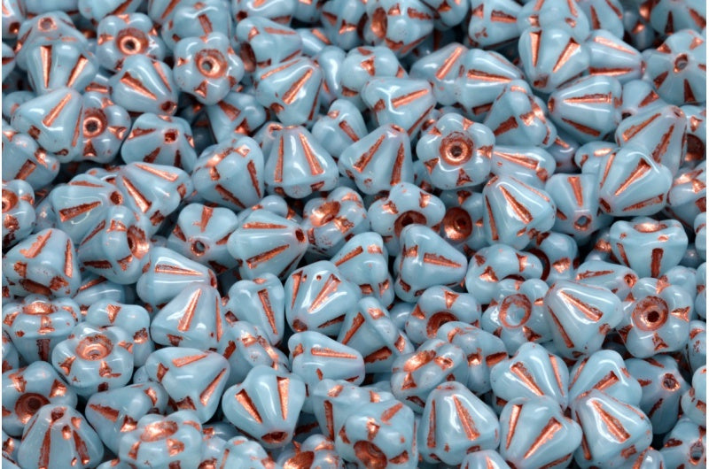 Bell Flower Beads Opal Aqua Copper Lined (61400-54319), Glass, Czech Republic