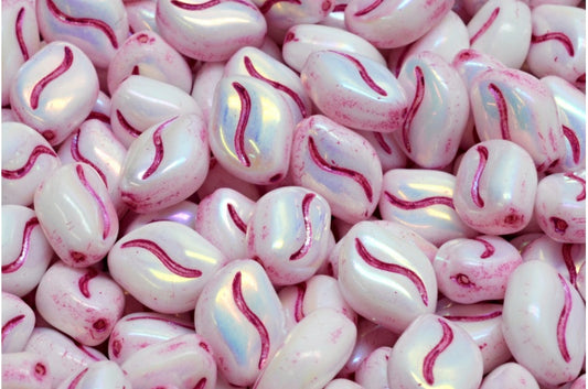 Wavy Grain Beads White Ab Full (2X Side) Pink Lined (02010-28703-43807), Glass, Czech Republic