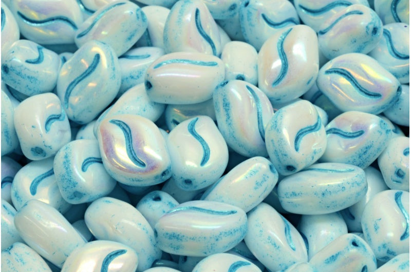 Wavy Grain Beads White Ab Full (2X Side) Light Blue Lined (02010-28703-43811), Glass, Czech Republic