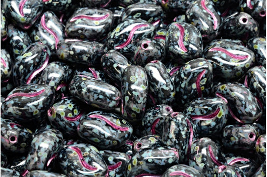 Wavy Grain Beads Black Travertin Pink Lined (23980-86800-54321), Glass, Czech Republic