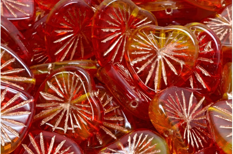 Kiwi Heart Beads Ruby Red Transparent Yellow Copper Lined (90080-80020-54307), Glass, Czech Republic