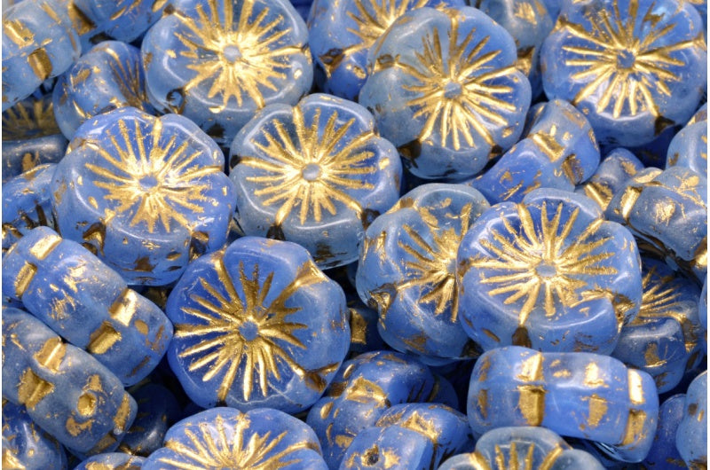 Hawaiian Flower Beads Opal Blue Transparent Blue Gold Lined (31010-30040-54302), Glass, Czech Republic